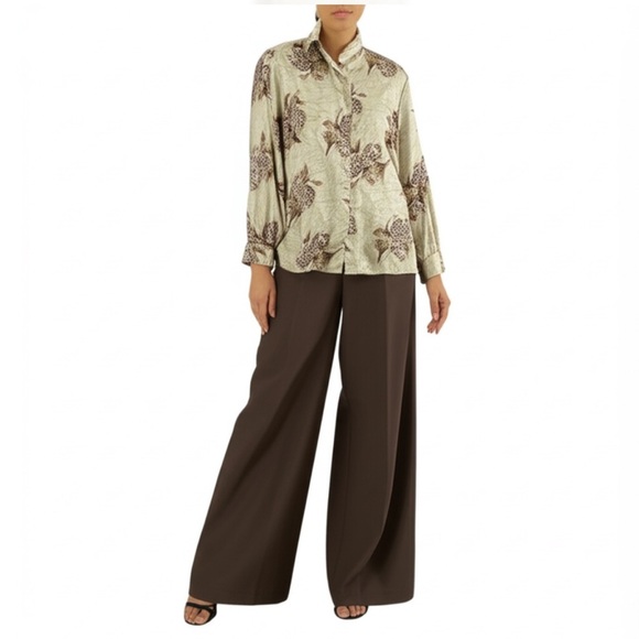 Vintage tan brown floral satin long sleeve top blouse - Picture 2 of 12